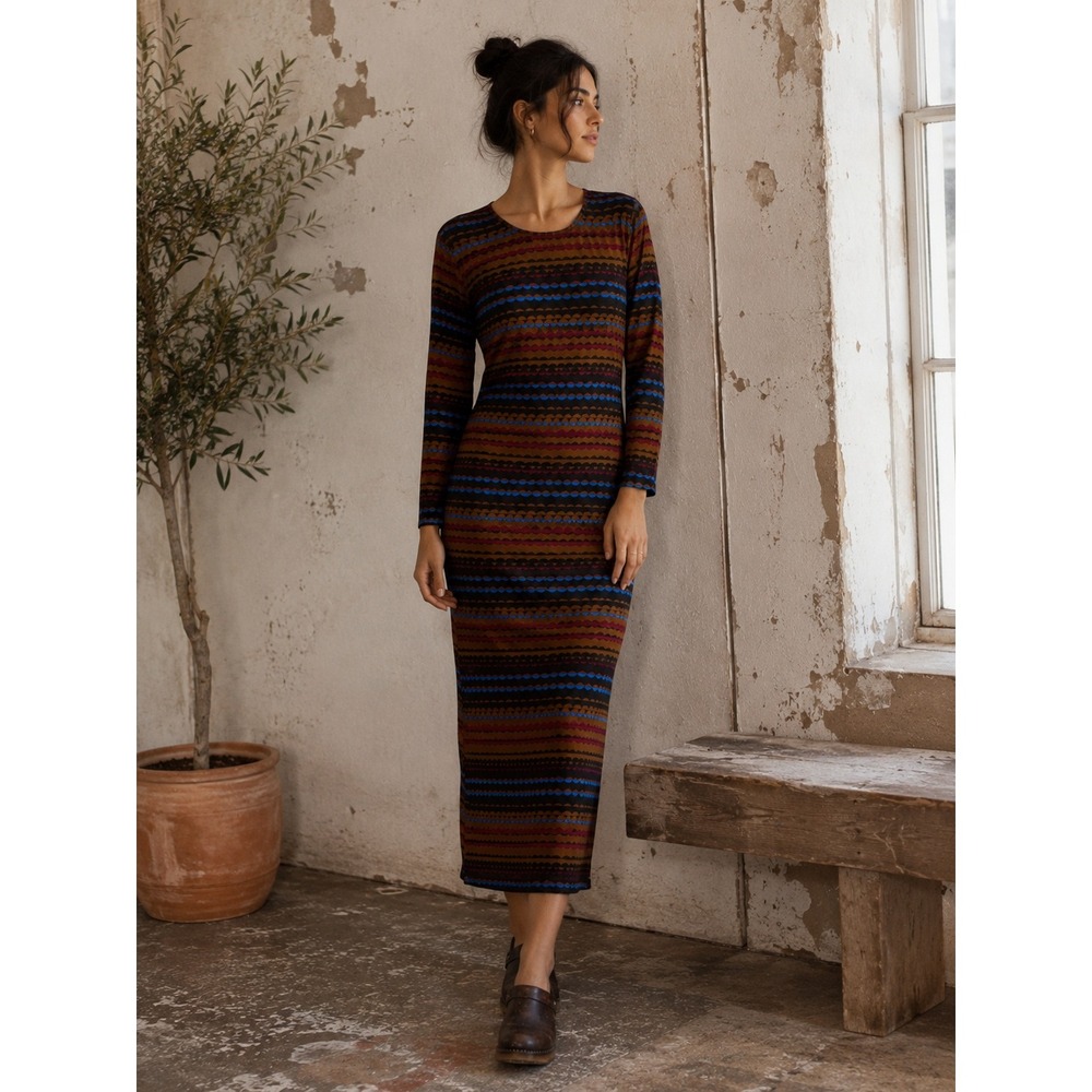 Ilana Kohn Women's AW13 Scallop Print Long Sleeve Midi Dress Brown Blue- Size S